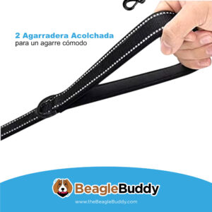 alt="Correa para perros BeagleBuddy con doble agarradera acolchada para mayor control y comodidad."