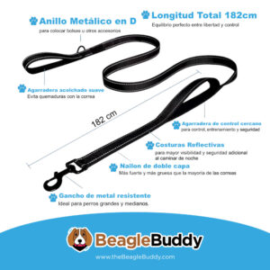 alt="Correa para perros de 182 cm con anillo metálico en D, diseño resistente y reflectivo BeagleBuddy."