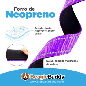 alt="Detalle del forro de neopreno en los collares reflectivos BeagleBuddy para perros, suave, cómodo y de secado rápido"
