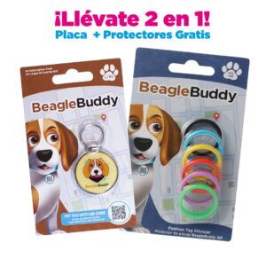 alt="Placa de identificación para perros BeagleBuddy referencia logan color amarillo con código QR y protectores gratis"
