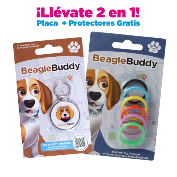 alt="Placa de identificación para perros BeagleBuddy referencia logan color blanco con código QR y protectores gratis"