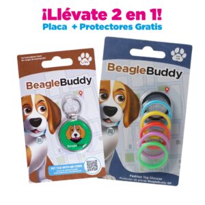 alt="Placa de identificación para perros BeagleBuddy referencia logan color verde con código QR y protectores gratis"