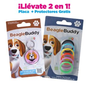 alt="Placa de identificación para perros BeagleBuddy referencia muppy color rosado con código QR y protectores gratis"