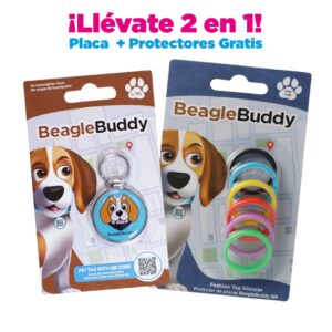 alt="Placa de identificación para perros BeagleBuddy referencia muppy color turquesa con código QR y protectores gratis"