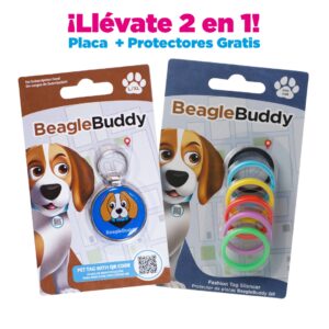 alt="Placa de identificación para perros BeagleBuddy referencia niko color azul marino con código QR y protectores gratis"