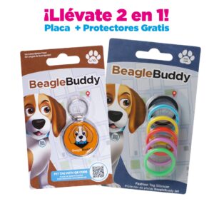 alt="Placa de identificación para perros BeagleBuddy referencia niko color naranja con código QR y protectores gratis"