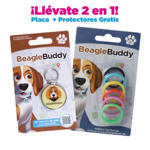 alt="Placa de identificación para perros BeagleBuddy referencia sophia color amarillo con código QR y protectores gratis"