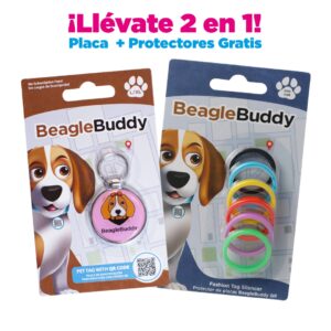 alt="Placa de identificación para perros BeagleBuddy referencia sophia color rosado con código QR y protectores gratis"