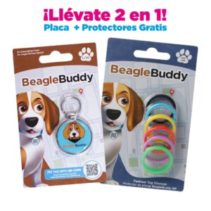 alt="Placa de identificación para perros BeagleBuddy referencia sophia color turquesa con código QR y protectores gratis"